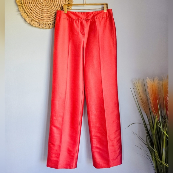 Escada, Red Silk Blend Shimmer Straight Leg Ankle Trouser Pants, Size 36 US 6 - Picture 8 of 9